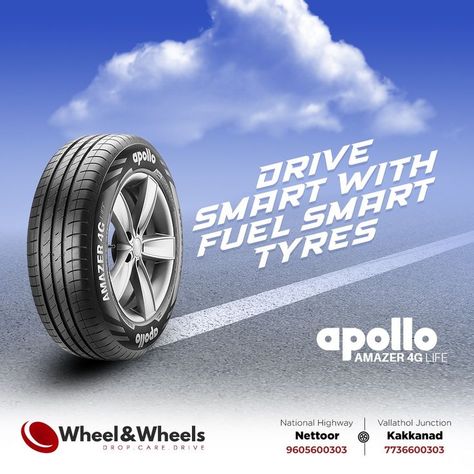 Drive smart with Apollo Amazer 4G fuel smart tyres! Visit Wheel and Wheels today. National Highway, Nettoor | Vallathol Junction, Kakkanad Contact : 9605600303,7736600303 . . . #wheelandwheels #SUV #tyre #underbodycoating #wheels #newtyres #tyreshop #kochi #tyredealers #repair #brandedtyres #cartyres #tyrestore #tyresales #premiumtyres #appollo #amazer4g #appollotyres #3DAlignment Shop Banner Design, Car Advertising Design, National Highway, Tires For Sale, Sales Ads, Creative Advertising Design, Creative Graphic Design, Car Advertising, Tyre Shop