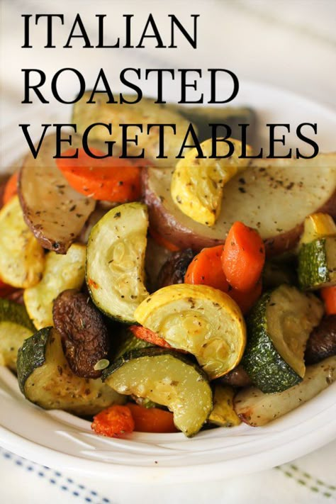 Easy Italian Roasted Vegetables Oven Baked Veggies, Italian Roasted Vegetables, Roasted Vegetables Oven, Vegetable Recipe, Italian Roast, Vegetable Side Dish, Baked Veggies, Six Sisters Stuff, Roasted Vegetable Recipes