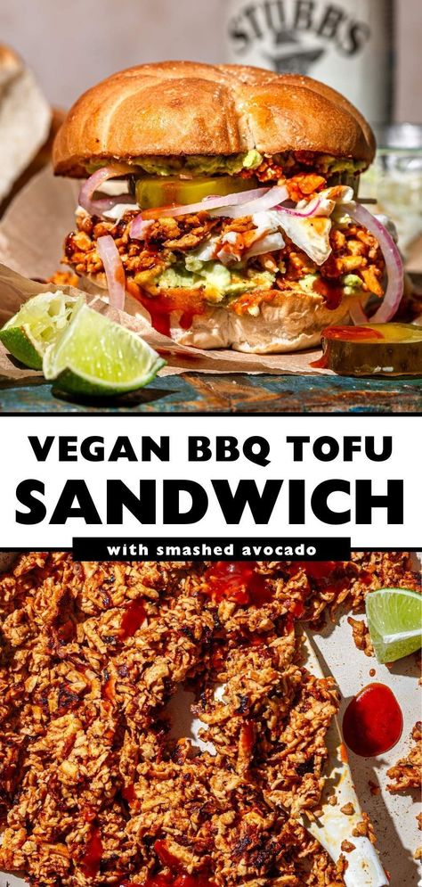 This easy BBQ tofu sandwich is piled high with pan-fried 'pulled' tofu coated in a sweet yet tangy BBQ sauce. Fully loaded with smashed avocado, creamy vegan coleslaw and homemade pickled onions, this tofu sandwich recipe is perfect for summer BBQs or holidays like Memorial Day and Fourth of July. This recipe is vegan, dairy free, vegetarian, plant based and high protein! Bbq Tofu Sandwich, Vegan Bbq Tofu, Bbq Sandwich Recipe, Vegan Grill, Grill Garden, Vegan Bbq Sauce, Easy Sandwich, Vegan Sandwich Recipes, Grill Sandwich