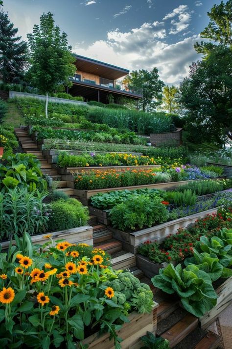 Fall Landscape Ideas, Slope Steps, Sunflower Cottage, Dream Backyard Garden, Potager Garden, Fall Landscape, Garden Design Layout, Veg Garden, Fall Garden