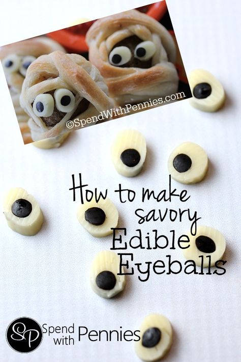 How to make savory edible eyeballs!  These are cute on ANY savory dish! Edible Eyeballs, Halloween Pumpkin Recipes, Edible Eyes, Smoothie Straw, Spend With Pennies, Halloween Appetizers, Halloween Eyeballs, Halloween Dinner, Halloween Snacks