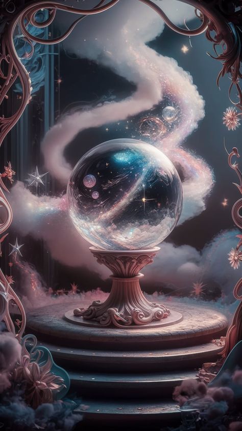 Explore a mesmerizing digital illustration of a crystal ball perched on a beautifully carved pedestal, surrounded by swirling mist and sparkling stars. This enchanting scene, framed by intricate Art Nouveau designs, features soft iridescent lighting that creates a dreamy atmosphere. Dive into the mystery and magic of unseen worlds reflected in the orb. Perfect for fans of fantasy art, digital illustrations, and celestial decor. Dream Magic Art, Iridescent Lighting, Crystal Ball Art, Magic Orb, Nouveau Illustration, Celestial Decor, Dreamy Atmosphere, Intricate Art, Art Nouveau Illustration