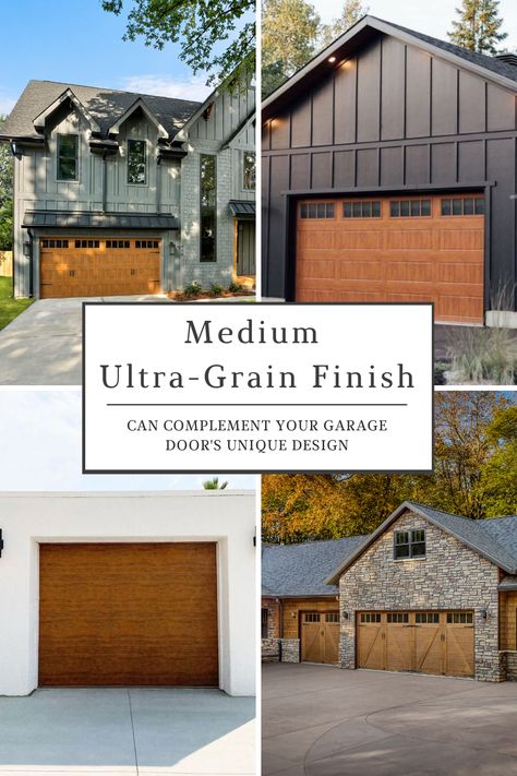 As dark exteriors and high contrast exterior color schemes become more popular, don't forget about the garage door. Medium Ultra-Grain finish can complement your garage door's unique design. This mid range finish offers warm, yellow based undertones that complement cedar accents sure to make your house stands out on the block! Read more about what Ultra-Grain may be right for you. #ClopayDoor #UltraGrain #FauxWood Brown Garage Door Painted, Gray House Black Garage Door, Dark Brown Garage Doors, Dark Garage Doors, Brown Garage Doors, Cedar Garage Doors, Dark Exterior House Colors, Green Vinyl Siding, Dark Exterior House