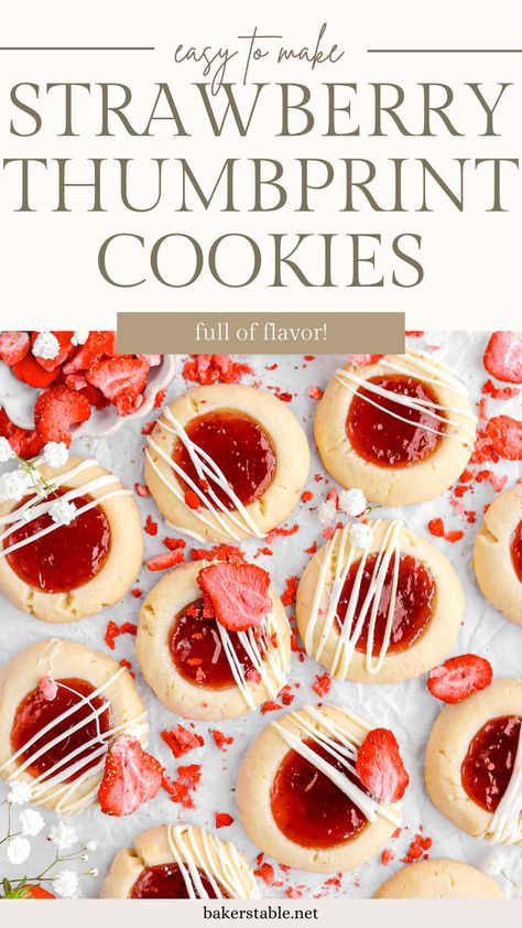 These are the perfect Strawberry Thumbprint Cookies! Tender and buttery shortbread cookies made with only FOUR ingredients, flour, powdered sugar, vanilla, and butter, then filled with strawberry jam. They are a simple treat that’s a real crowd-pleaser! Strawberry Thumbprint Cookies, Butter Shortbread Cookies, Jam Thumbprint Cookies, Shortbread Cookies Christmas, Bakers Table, Thumbprint Cookies Recipe, Buttery Shortbread Cookies, Buttery Shortbread, Chewy Sugar Cookies