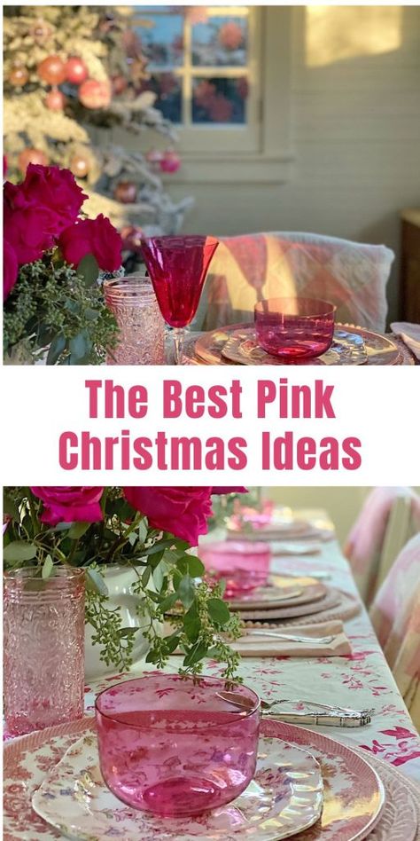 Pink Christmas Tablescapes, Pink Christmas Table Decor, Diy Christmas Decorations Outdoor, Pink Christmas Ideas, Vintage Christmas Tree Ideas, Pink Christmas Table Setting, Pink Christmas Table, Pink Christmas Wrapping Paper, Pink Christmas Tree Decorations