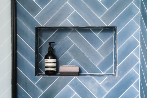 Chevron Shower Tile, Blue Bathroom Tile, Chevron Tile, Tiled Shower, Shower Niche, Blue Chevron, Blue Tiles, Family Bathroom, Shower Tile