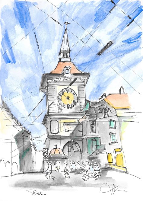 Switzerland Drawing, Bern Switzerland, Drawing Sketching, Pen And Watercolor, Urban Sketching, Watercolor Drawing, Urban Area, Bern, Travel Book