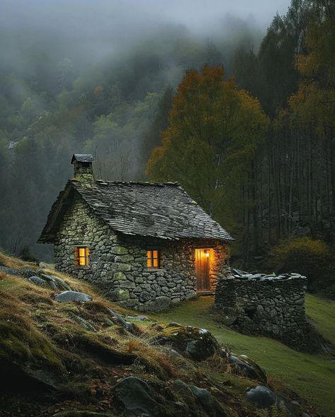 Medieval Cottage, Forest Cottagecore, Fantasy Buildings, Witches Cottage, Stone Cabin, Cozy Cottages, Forest Cottage, Stone Exterior, Stone Cottages