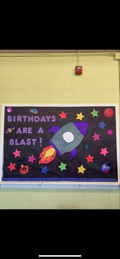 Space classroom birthday board.  #classroom #classroomboard #space Preschool Classroom Space Theme, Star Birthday Board Classroom, Outer Space Daycare Theme, Space Birthday Board Classroom, Space Theme Classroom Birthday Chart, Space Theme Birthday Board, Space Themed Preschool Classroom, Classroom Space Theme Decor, Outer Space Bulletin Board Ideas