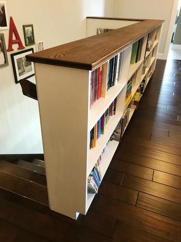 Bookcase On Landing, Hallway Library Narrow, Bookshelf Stair Railing, Bookshelf Half Wall, Landing Bookshelves, Stairway Bookshelves, Railing Bookcase, Upstairs Hallway Ideas Landing, Small Landing Ideas Upstairs