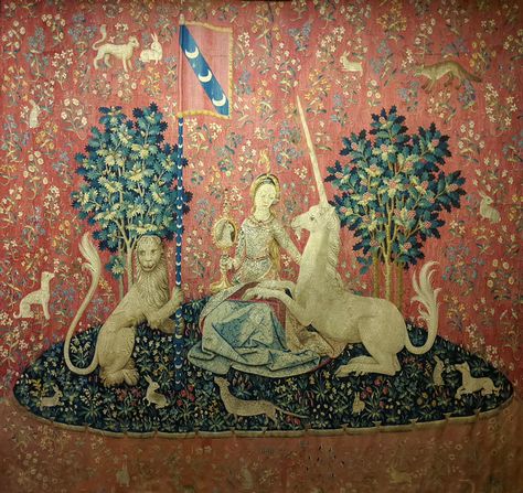 The Lady and the Unicorn: Sight (Illustration) - World History Encyclopedia Wall Hanging Aesthetic, The Lady And The Unicorn, Christian Devotional Books, Lady And The Unicorn, Unicorn Tapestries, Classic Wall Decor, Medieval Tapestry, Last Unicorn, The Last Unicorn