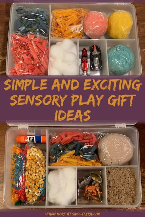 Simple and Exciting Sensory Play Gift Ideas – Simply Kyra Crunchy Box Sensory, Sensory Travel Kit, Diy Playdough Sensory Kit, Playdough Sensory Kits, Scented Rice Sensory Bin, Alphabet Pasta, Sensory Kits, Pasta Art, Playdough Kits