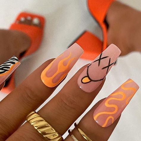 Holiday Nails Summer Acrylic Long, Orange Funky Nails, Summer Nails Nail Art, Orange Festival Nails, Festival Nails Acrylic, Orange Nails With Design, Festival Nails Coachella, Rave Nails Festivals, Festival Nail Ideas