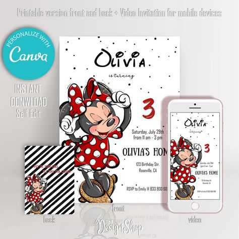 Minnie Mouse Birthday Invitation Editable Red Black Gold - Etsy Portugal Minnie Mouse Roja, Minnie Mouse Invitation, Minnie Mouse Birthday Invitations, Minnie Mouse Invitations, First Birthday Milestone, Birthday Vintage, Birthday Milestone, Minnie Party, Minnie Birthday