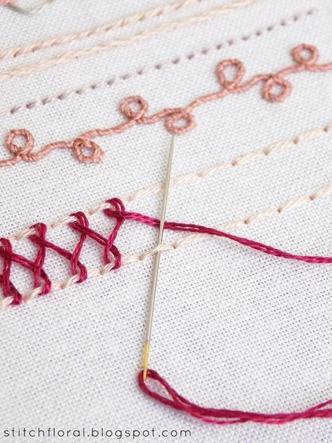 Line stitches and their variations: sampler - Stitch Floral Sulaman Pita, Basic Hand Embroidery Stitches, Embroidery Lessons, Embroidery Sampler, Sew Ins, Hand Embroidery Videos, Basic Embroidery Stitches, Hand Embroidery Tutorial, Hand Embroidery Projects