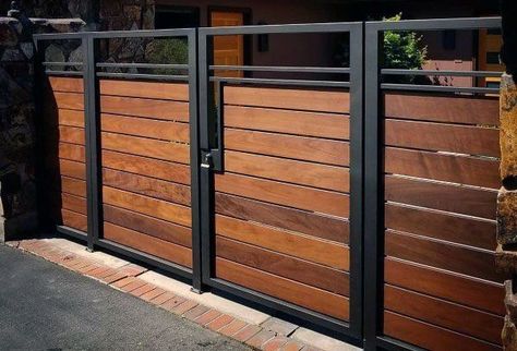 Wooden Gate Design Modern House Front Gate Design, Wooden Gate Design, Compound Gate Design, Simple Gate Designs, Modern Front Gate Design, Compound Wall Gate Design, House Front Gate, Wooden Gate Designs, Contemporary Gates