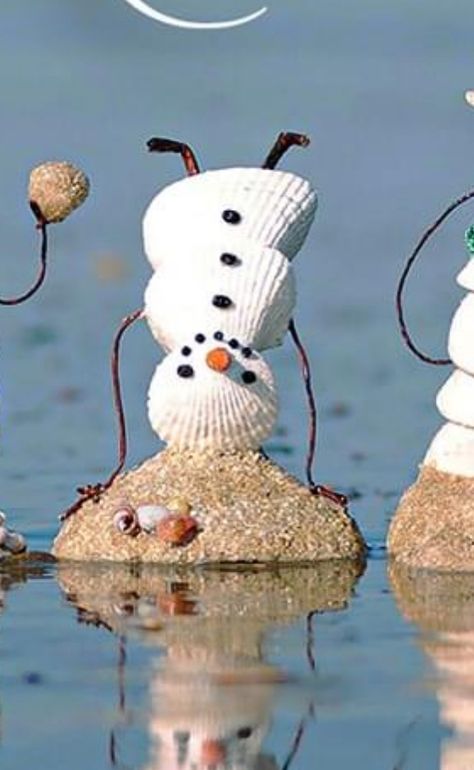 Seashell Ornaments Diy, Beach Snowman, Winter Rocks, Christmas Shells, Sand Snowman, Rock Projects, Diy Christmas Ideas, Seashell Ornaments, Snowman Christmas Decorations