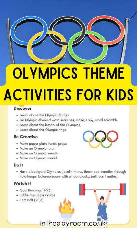 Fun Olympic Games Activities for the Classroom or Home - In The Playroom Olympic Events For Kids, Olympic Theme Classroom Decorations, Paris Olympics Activities For Kids, History Of The Olympics For Kids, Summer Olympics Preschool, Olympic Activities For Kids, Olympics For Kids, Olympic Circles, Olympic Themed Activities