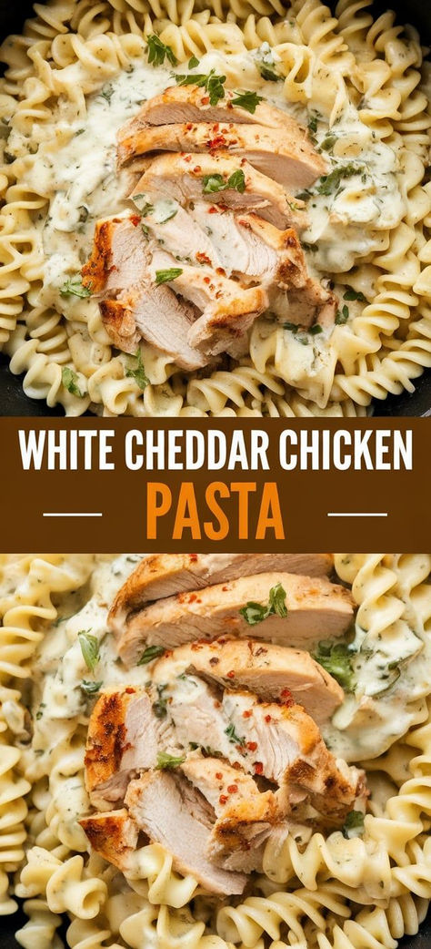 Dinner in a Snap!  Need a quick and tasty dinner option? This White Cheddar Chicken Pasta is ready in a flash! Creamy, cheesy, and packed with flavor, it's the ultimate comfort food that will have everyone asking for seconds. Perfect for meal prep, too! Pasta And Grilled Chicken Recipes, White Cheddar Chicken Pasta Recipe, White Meat Recipes Healthy, Easy Healthy Meals That Taste Good, Recipes With White Cheddar, Good Simple Dinner Ideas, Fall Dinner Recipes Pasta, Parmasean Chicken Pasta Recipes, White Meat Dinner Ideas