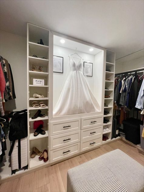 The perfect way to showcase the most special day! Wedding Dress Display In Closet, Wedding Dress Cabinet Display, Wedding Dress Frame Display, Wedding Dress Shadow Box Display, Wedding Dress In Closet Framed, Dream Closet Ideas, Wedding Dress Display, Ranch House Decor, Closet Room