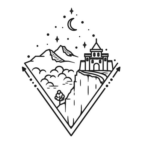 Mountain and castle, line art design Castle Line Art, Viking Line, Jagua Henna, Sharpie Drawings, Castle Tattoo, Cool Stencils, Mountain Drawing, Line Art Design, Matching Couple