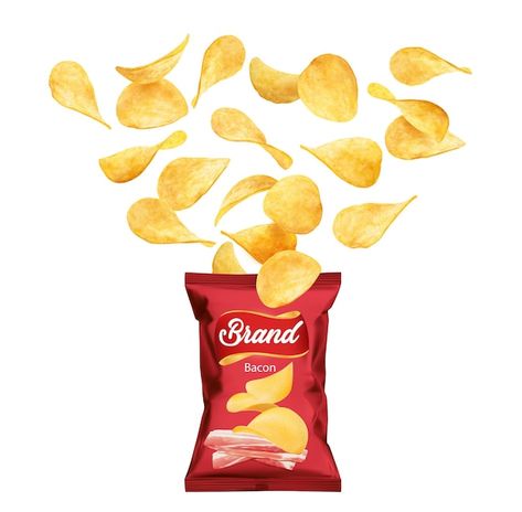 Vector crispy potato chips flying into t... | Premium Vector #Freepik #vector #packet #packing-bag #food-packet #foil-bag Crispy Potato Chips, Potato Packets, Fried Potato, Flavored Bacon, Red Packet, Crispy Potatoes, Red Chilli, Fried Potatoes, The Pack