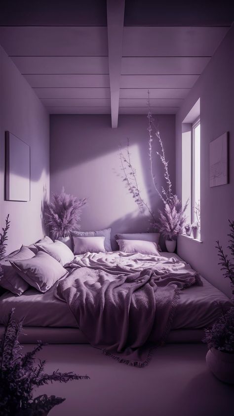 A tranquil bedroom with soft lavender walls, minimalist white furniture, light gray accents, and natural light streaming through sheer curtains. A lavender plant sits on a bedside table, adding a touch of greenery. Pale Pink Room, Lavender Bedroom, Lavender Room, Peaceful Bedroom, Purple Bedrooms, Purple Bedroom, Peaceful Living, Zen Decor, White Rooms