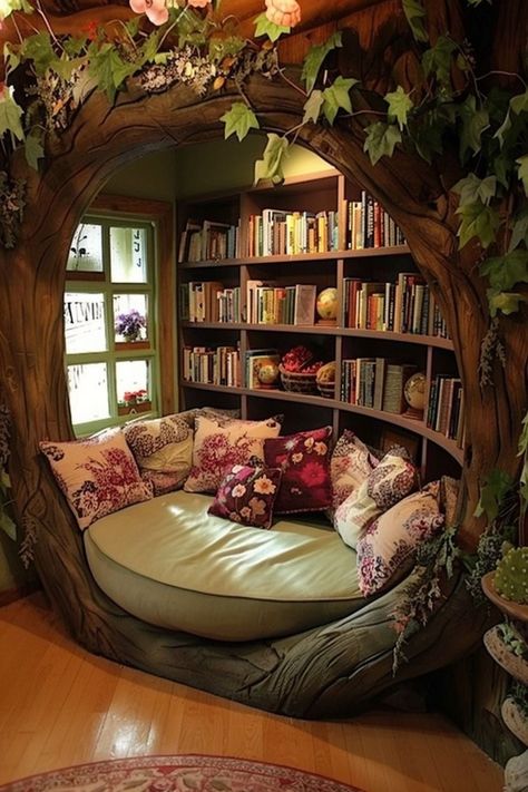 Cozy Reading Nook Ideas, Design Ložnic, Casa Hobbit, Dream Bedroom Inspiration, Housing Ideas, House Items, Home Library Design, Goblin Core, Dekorasi Kamar Tidur