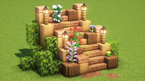 Minecraft Staircase Design Cottage, Minecraft Stairs Up Hill, Minecraft Yard Ideas Design, Outdoor Staircase Minecraft, Minecraft Staircase Ideas Outside, Cute Minecraft Stairs Outside, Cottagecore Stairs Minecraft, Cute Stairs Minecraft, Minecraft Stairway Design