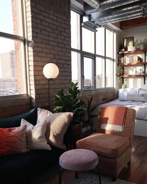 Brick Studio Apartment, Apartment Exposed Brick, Cozy Nyc Apartment, Converted Factory, Brick Apartment, Brick Studio, Brick Making, Studio Apartment Divider, Chicago Apartment