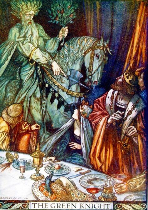 The Eclectic Book Gatherer : A Christmas Scene From 'Sir Gawain ... Guiseppe Arcimboldo, The Green Knight, King Arthur Legend, Celtic Myth, Roi Arthur, Arthurian Legend, Green Knight, Fairytale Illustration, Table Ronde