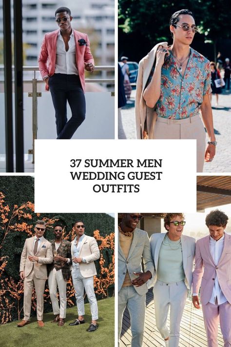 37 Summer Men Wedding Guest Outfits - Weddingomania Day Wedding Outfit, Male Wedding Guest Outfit, Wedding Guest Men, Father Of The Bride Outfit, Summer Wedding Attire, Tropical Print Shirt, Neutral T Shirts, Wedding Guest Outfits, Mens Wedding Attire