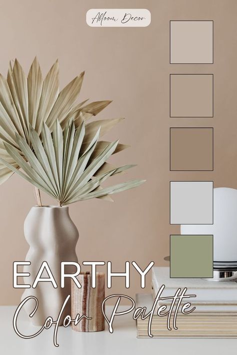 Do you love a good earthy color palette?! I created this nature color scheme based on a picture of dried green leaves in a beige vase next to a stack of decorative books. In my blog post, I will discuss some of the benefits of earth-tone colors and tips for incorporating them into your home. Then, I will provide the color hex codes and the Sherwin-Williams paint color matches. Cream Color Palette Colour Schemes, Nature Color Scheme, Color Hex Codes, Neutral Living Room Colors, Earth Colour Palette, Beige Vase, Small Bathroom Paint, Painted Earth, Soothing Nature