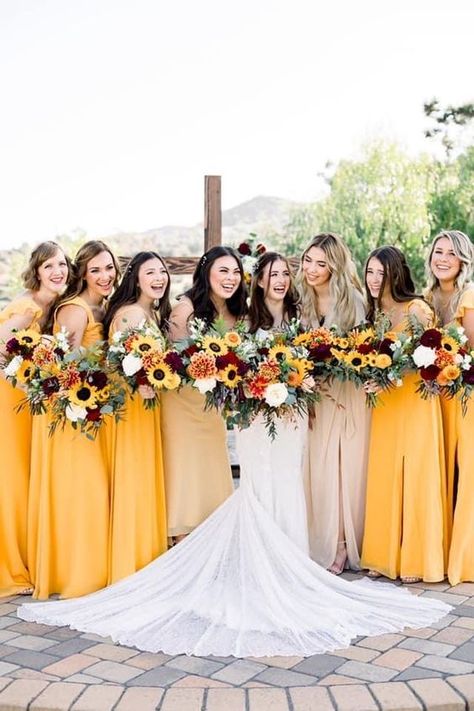 October Sunflower Wedding, Summer Sunflower Wedding Color Schemes, Fall Sunflower Wedding Theme Bridesmaid Dresses, Sunflower Wedding Palette, Sunflower Wedding Color Palette, Sun Flower Wedding Theme Bridesmaid Dresses, Green Wedding With Sunflowers, Bridesmaid Dresses Sunflower Theme, Boho Sunflower Wedding