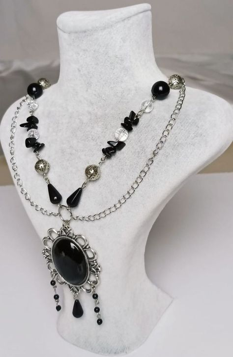 A very elegant necklace. It is made of natural Obsidian stone, metal beads, glass pearls and clear beads. The pendant is made with black cabochon. Gothic Fairycore, Gothic Pendant, Victorian Necklace, Cabochon Necklace, Necklace Gothic, Obsidian Stone, Clear Beads, Elegant Necklace, Elegant Necklaces