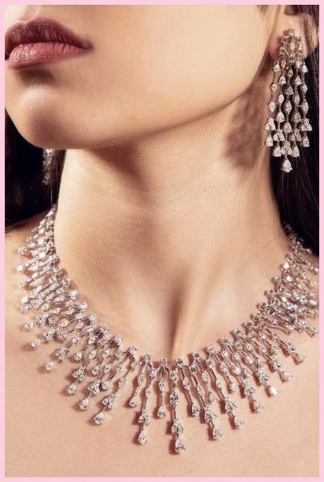 [Ad] Whether Worn As A Token Of Love, A Statement Of Style, Or An Heirloom To Be Cherished For Generations, A Diamond Necklace Is A Dazzling Masterpiece That Will Forever Stand The Test Of Time. #bridalstatementnecklace Diamond Neckalce, Modern Diamond Jewelry, American Diamond Necklace Set, Bridal Statement Necklace, Beautiful Jewelry Diamonds, Bridal Diamond Necklace, Neck Pieces Jewelry, Diamond Jewelry Set, Fancy Jewelry Necklace