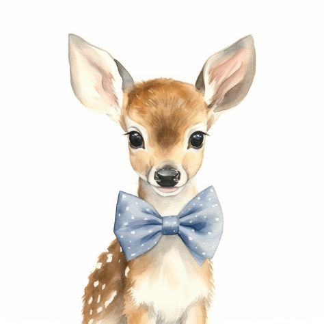 High-resolution digital artwork of a baby fawn wearing a pale blue bow in a watercolor-style art piece. Lots of texture, perfect for a baby animal-themed nursery or woodland-themed room. Personal recommendation for getting this printed is through Mpix.com or smallwoodhome.com. Baby Artwork, Nursery Painting, Animal Canvas Paintings, Woodland Theme Baby, Nursery Illustration, Bunny Watercolor, Animal Nursery Theme, Baby Painting, Watercolor Fruit