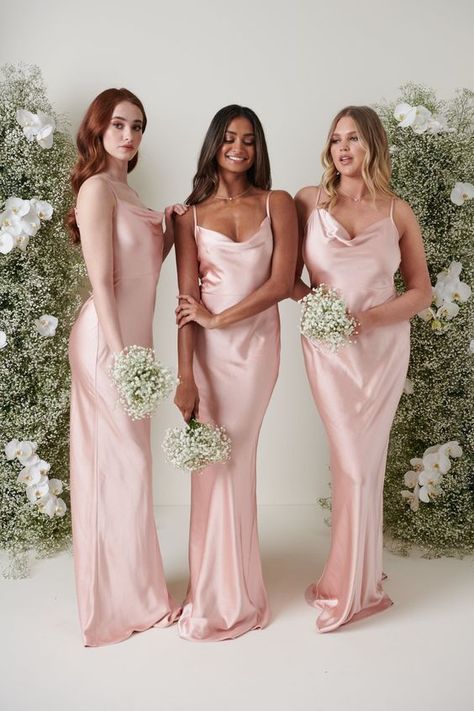 Bridesmaids Dresses Blush Pink, Blush Satin Bridesmaid Dresses, Bridesmaid Dresses Pink Blush, Pink Silk Bridesmaid Dresses, Groomsmen And Bridesmaids Colors, Bridesmaid Dresses Matching, Bridesmaid Dresses Blush Pink, Light Pink Satin Dress, Baby Pink Bridesmaids Dresses