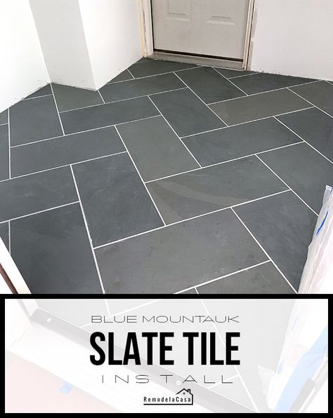 Herringbone Tile Floor 12x24, Big Herringbone Tile Floor, 12x24 Slate Tile Floor, 12x24 Herringbone Floor Tile, Entry Tile Ideas, Sunroom Tile Floor, Sunroom Tile, Bathroom Tile Herringbone, Mudroom Update