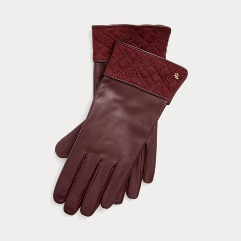 Quilted-Suede-Trim Sheepskin Gloves Sheepskin Gloves, Gloves, Ralph Lauren, Cuff, Women Accessories, Trim, Wine, Luxury Fashion, ? Logo