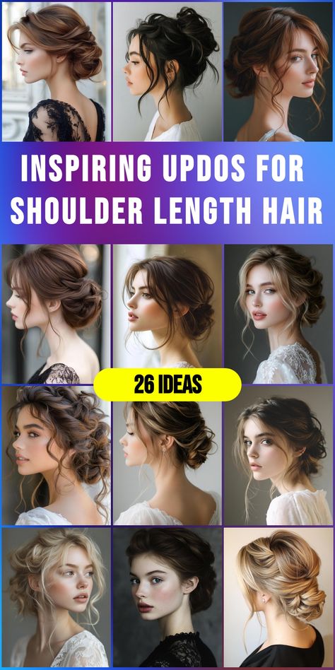 Unlock the potential of your shoulder length hair with 26 gorgeous updo ideas. From sophisticated French twists to bohemian-inspired braids, these styles offer endless possibilities for special events or everyday glam. Learn how to create voluminous buns, intricate knots, and sleek ponytails that showcase the versatility of medium-length locks. Discover updos that add height, texture, and elegance to your shoulder-grazing tresses. Shoulder Length Updos For Wedding, Updos For Hair With Layers, Up Do For Medium Hair Wedding, Party Updos For Medium Hair, Easy Medium Updo, Shoulder Length Up Do, Braided Hairstyles For Shoulder Length, Medium Curly Updo Hairstyles, Mother Of The Bride Updo Hairstyles