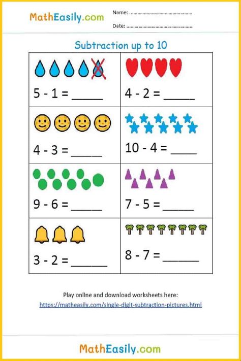 Simple Subtraction Worksheets Free, Maths Interventions, Exam Encouragement, Basic Subtraction Worksheets, Fun Math Worksheets, Subtraction Kindergarten, Kindergarten Math Worksheets Free, Kindergarten Addition Worksheets, Subtraction Games