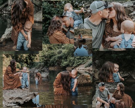 Family Photo Shoot By River, Family Creek Photos, Creek Mini Sessions, Creek Family Photoshoot, Creek Minis, Summer Mini Session Ideas, Fishing Photoshoot, 16th Photoshoot, Creek Session