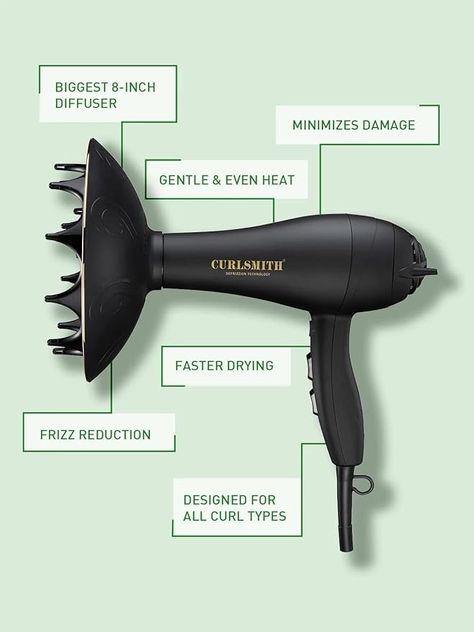 Amazon.com : CURLSMITH Defrizzion Hair Dryer with Extra Large Diffuser, for Curly Hair, Reduce Frizz, 3 Speeds, 4 Heat Settings, Infared, Ceramic Heat for Fast Drying : Beauty & Personal Care Diffuser For Curly Hair, Curly Hair Diffuser, Best Diffuser, Target Hair Products, Hair Dryer Diffuser, Hair Diffuser, Coily Hair, Bouncy Curls, Heat Damage