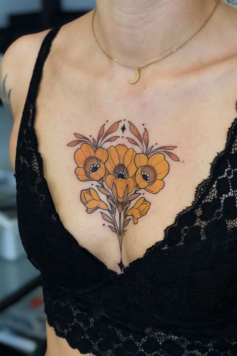 Neo Traditional Chest Tattoo, Chest Tattoo Girl, Traditional Chest Tattoo, Tato Tradisional, Art Deco Tattoo, Art Nouveau Tattoo, Nouveau Tattoo, Petit Tattoo, Beautiful Flower Tattoos