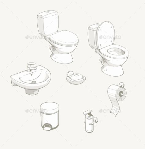 Bathroom And Toilet Equipment Accessories Bathroom Objects Drawing, How To Draw Bathroom, Toilet Reference, Wc Drawing, Toilet Sketch, Bathroom Objects, Toilet Illustration, Learning Architecture, Toilet Drawing