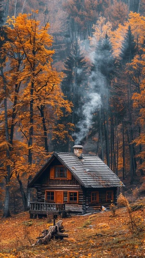 Cabin In The Forest, Little Cabin In The Woods, Cabin Aesthetic, Wooden Cabin, Stone Chimney, Fire Inside, Nature Camping, Autumn Magic, Most Beautiful Images