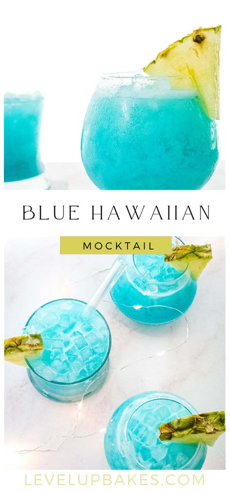 Hawaiian Theme Food, Blue Hawaiian Mocktail, Hawaiian Mocktail, Beachy Drinks, Blue Hawaiian Drink, Blue Curacao Drinks, Blue Hawaiian Cocktail, Hawaiian Drinks, Easy Mocktails