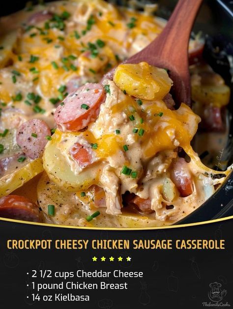 Easy and tasty recipes | Crockpot Cheesy Chicken Sausage Casserole | Facebook Chicken And Kielbasa Recipes, Crockpot Cheesy Chicken, Crockpot Sausage And Potatoes, Sausage Crockpot Recipes, Cheesy Potatoes Crock Pot, Crockpot Sausage, Whip Frosting, Red Potato Recipes, Sausage Crockpot