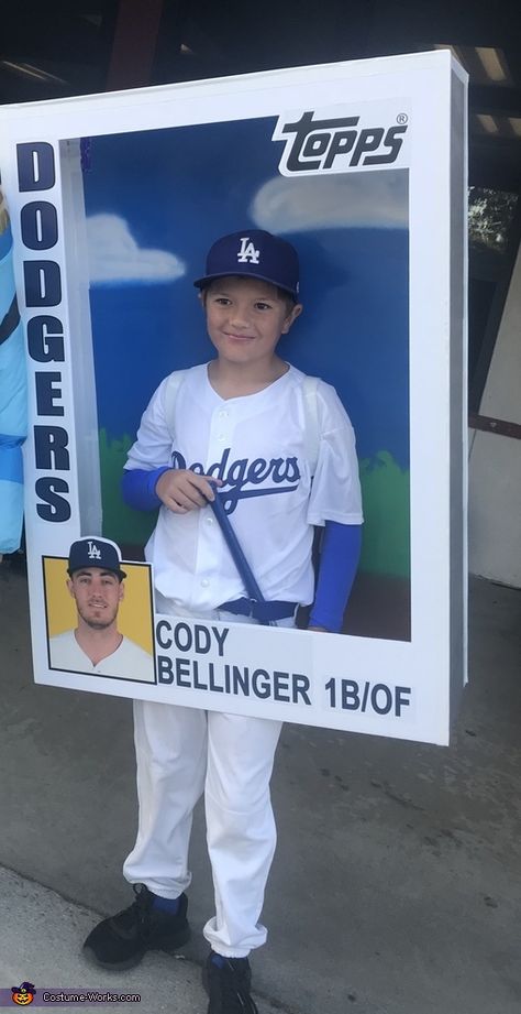 Dodger Costume Halloween, Boys Sports Halloween Costumes, Family Baseball Costumes, Football Card Halloween Costume, Baseball Card Costume Diy, Football Card Costume, Football Costume For Boys, Baseball Family Halloween Costumes, Baseball Card Crafts